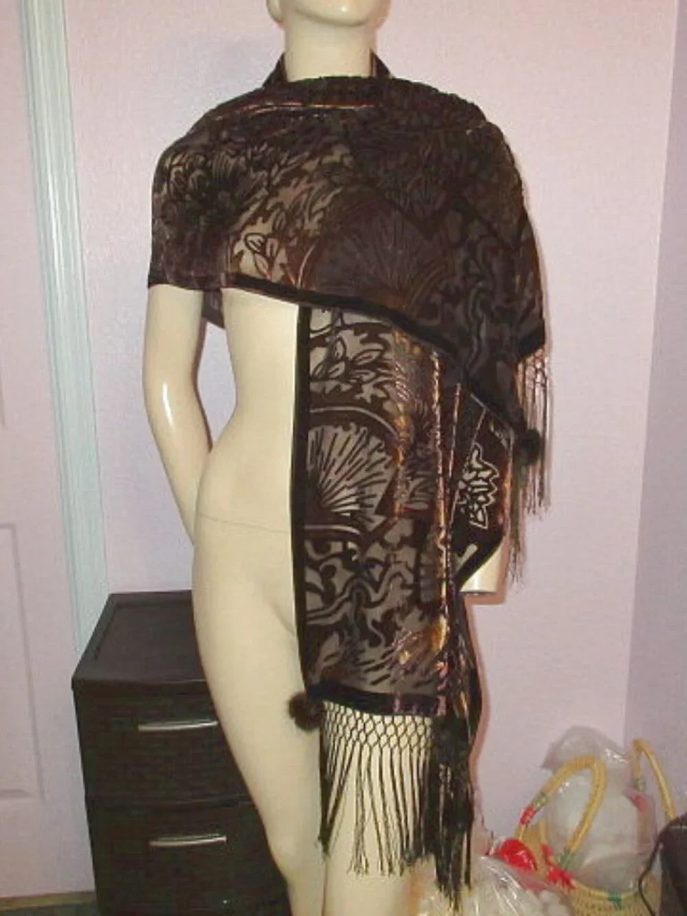 Vtg Velvet Burnout Scarf Sheer Luxurious Neck Wrap Shawl Poms Fringe Crochet EUC